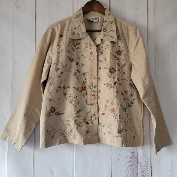 Tantrums Button Front Floral Embroidered Beige Women’s L Jacket, Like New, EUC - Picture 1 of 7